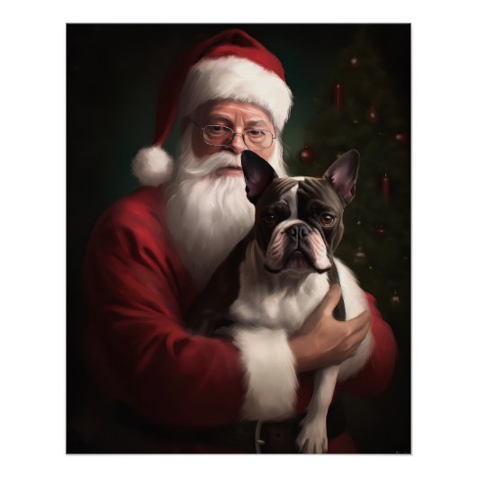 ボストンテリアとサンタクロースのクリスマス ポスター (正面)