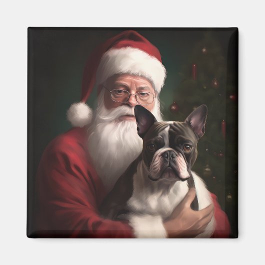 ボストンテリアとサンタクロースのクリスマス マグネット (正面)