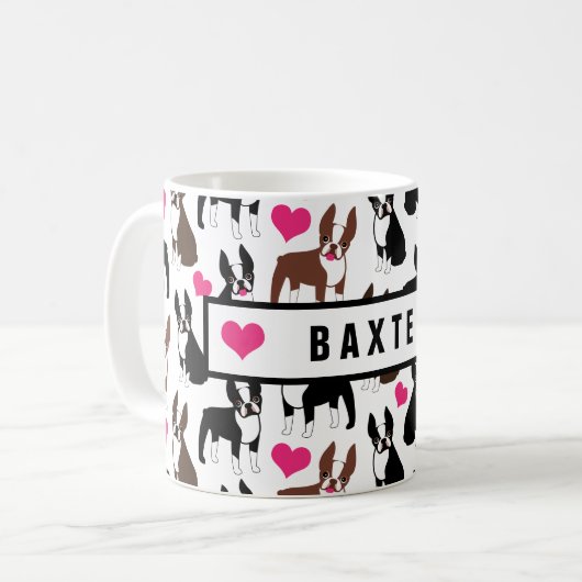 ボストンテリアとハートかわいい名前をカスタムする コーヒーマグカップ (正面左)