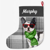 ボストンテリアと犬の名前のプレイド ラージクリスマスストッキング (裏面)