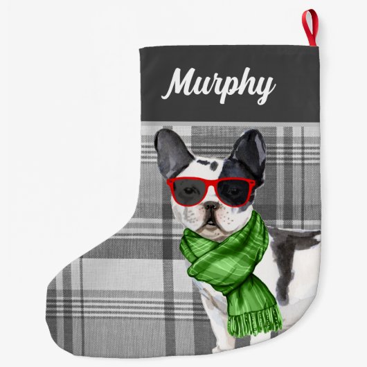 ボストンテリアと犬の名前のプレイド ラージクリスマスストッキング (裏面)