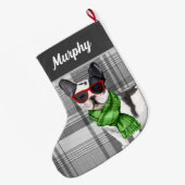 ボストンテリアと犬の名前のプレイド ラージクリスマスストッキング (裏面 (吊り時))