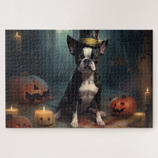 ボストンテリアのかぼちゃ ハロウィーン スケアリー ジグソーパズル (横)