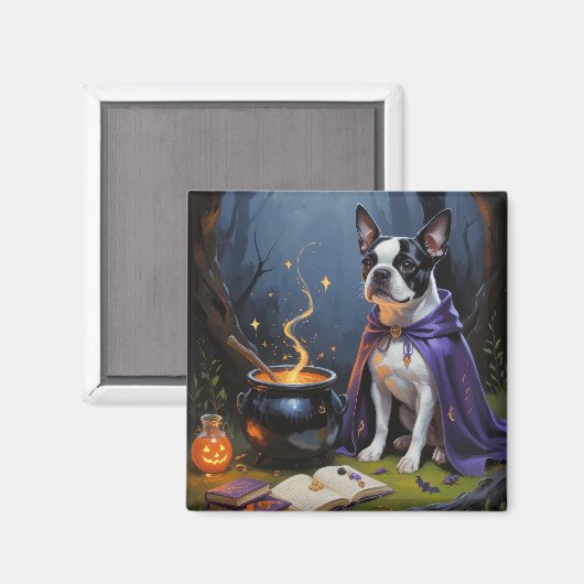 ボストンテリアのウィスキカルなハロウィン絵画 マグネット (正面/裏面)