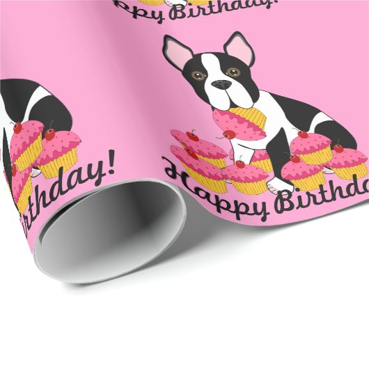 ボストンテリアのカップケーキの誕生日プレゼントの覆い ラッピングペーパー (ロールコーナー)