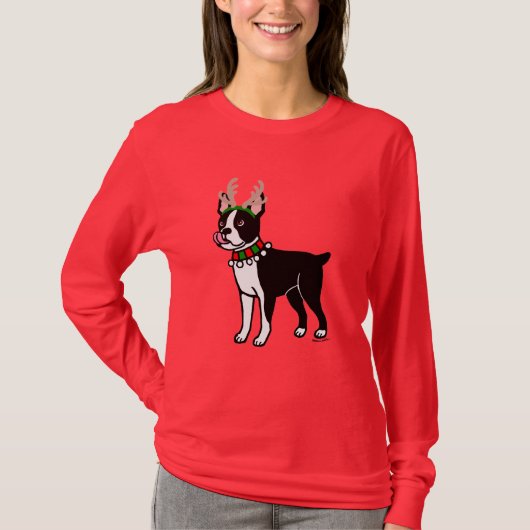 ボストンテリアのクリスマスの(雄ジカの)枝角 Tシャツ (正面)