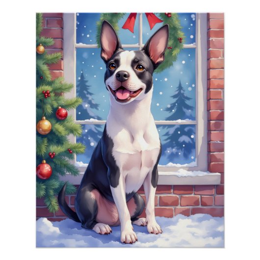 ボストンテリアのクリスマスアート ポスター (正面)