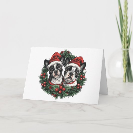 ボストンテリアのクリスマス犬の休日リース シーズンカード (正面)