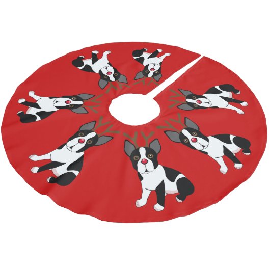 ボストンテリアのトナカイのクリスマスツリーのスカート ブラッシュドポリエステルツリースカート (アングル)