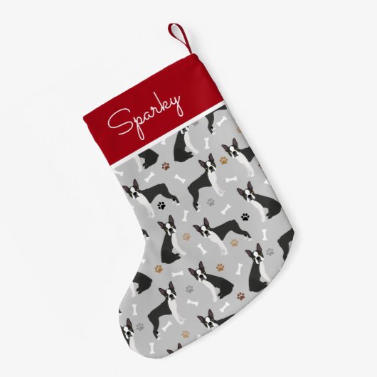 ボストンテリアのボーンズとポーズ スモールクリスマスストッキング (裏面 (吊り時))