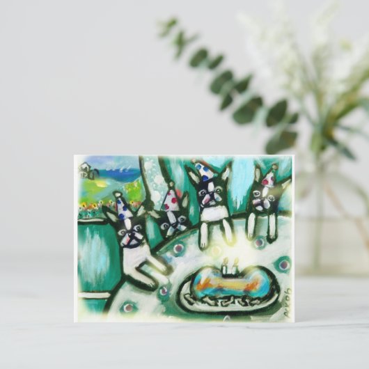 ボストンテリアの夏の誕生日パーティー ポストカード (スタンド正面)