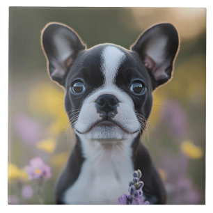 ボストンテリアの子犬とルピナスの花 タイル