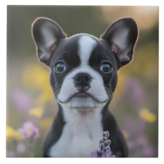 ボストンテリアの子犬とルピナスの花 タイル (正面)