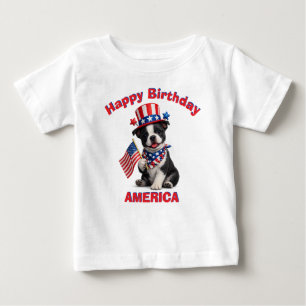 ボストンテリアの子犬 (2b) 愛国的な子供用Tシャツ ベビーTシャツ