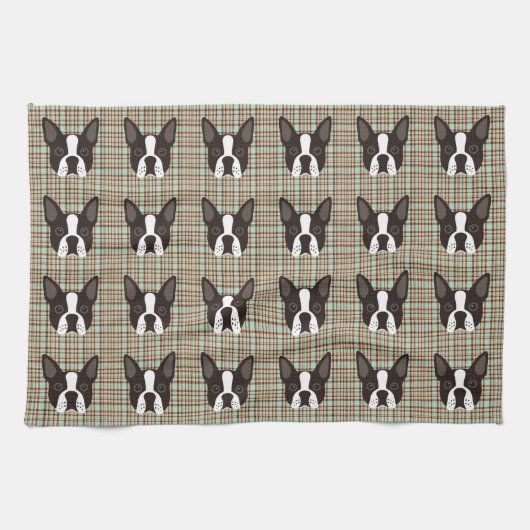 ボストンテリアの小犬のタータンチェック格子縞 キッチンタオル (横)
