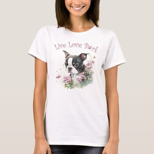 ボストンテリアの愛犬ママ フラワー Tシャツ (正面)