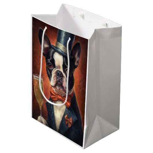 ボストンテリアの新年 ミディアムペーパーバッグ (正面アングル)