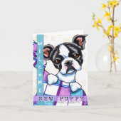 ボストンテリアの歓迎の新しい子犬 カード (黄色い花)