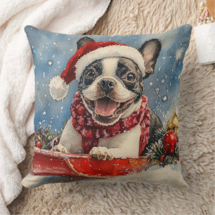 ボストンテリアの犬が乗ったそり Let it Snow クリスマス クッション
