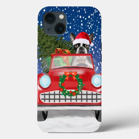 ボストンテリアの犬が雪の中で車を運転するクリスマス Case-Mate iPhoneケース (裏面)