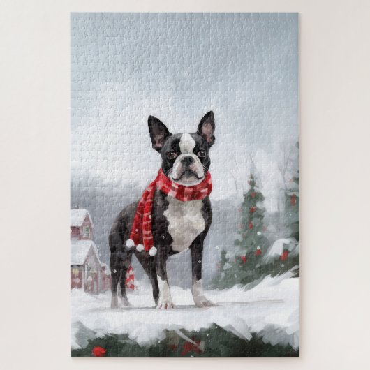 ボストンテリアの犬と雪のクリスマス ジグソーパズル (縦)
