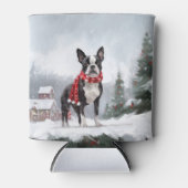 ボストンテリアの犬と雪のクリスマス 缶クーラー (正面)