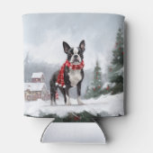 ボストンテリアの犬と雪のクリスマス 缶クーラー (裏面)