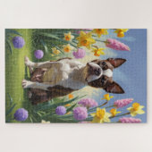 ボストンテリアの犬の春の花の絵 ジグソーパズル (横)