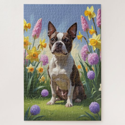 ボストンテリアの犬の春の花の絵 ジグソーパズル (縦)