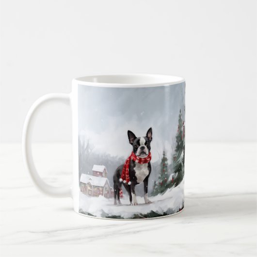 ボストンテリアの犬の雪のクリスマス コーヒーマグカップ (左)