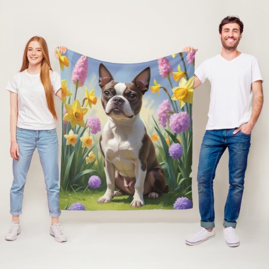 ボストンテリアの犬 春の花の絵画 フリースブランケット (インサイチュ)