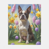 ボストンテリアの犬 春の花の絵画 フリースブランケット (正面)
