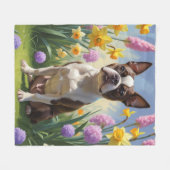 ボストンテリアの犬 春の花の絵画 フリースブランケット (正面(横))