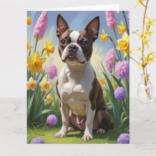 ボストンテリアの犬 春の花の絵 カード (黄色い花)