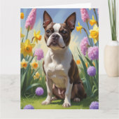 ボストンテリアの犬 春の花の絵 カード (正面)