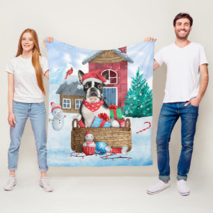 ボストンテリアの犬 雪の中のクリスマスの犬小屋 フリースブランケット