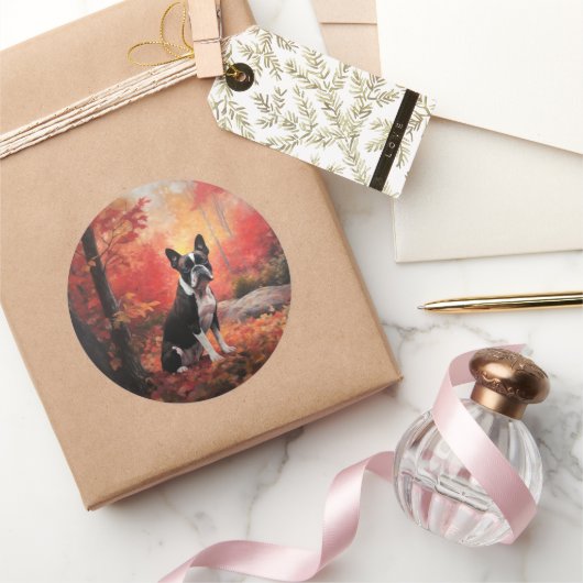 ボストンテリアイン紅葉秋インスパイア ラウンドシール (ギフト)