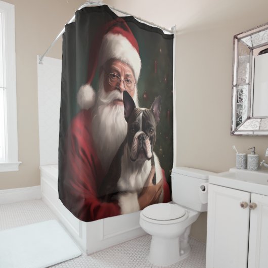 ボストンテリアウィズサンタクロースフェスティバルクリスマス シャワーカーテン (インサイチュ)