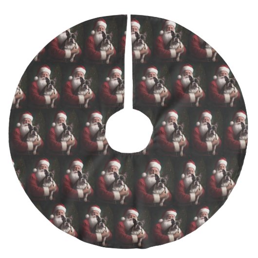 ボストンテリアウィズサンタクロースフェスティバルクリスマス ブラッシュドポリエステルツリースカート (正面)