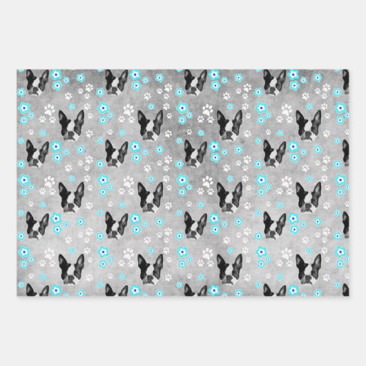 ボストンテリアギフト、アクセサリーと ラッピングペーパーシート (正面)