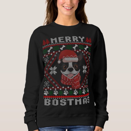 ボストンテリアクリスマスサンタ醜いセーター犬ロー スウェットシャツ (正面)
