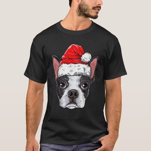 ボストンテリアクリスマスドッグサンタハットクリスマスボーイズK Tシャツ (正面)