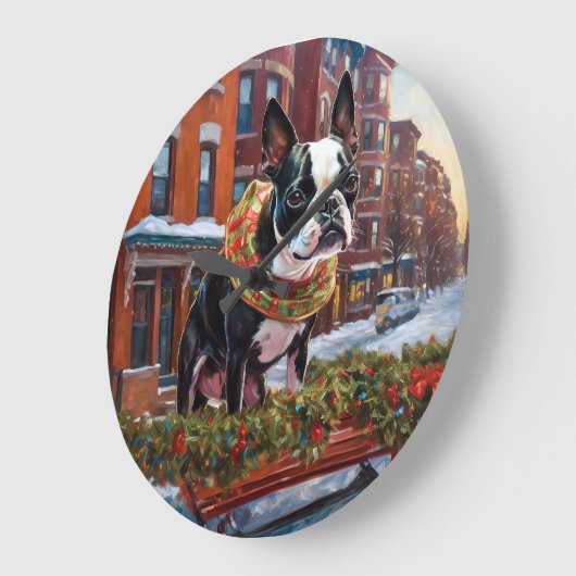 ボストンテリアクリスマスフェスティバルシーズン ラージ壁時計 (傾斜)
