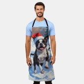 ボストンテリアクリスマスフェスティバルスノーシーン エプロン (着用した状態)