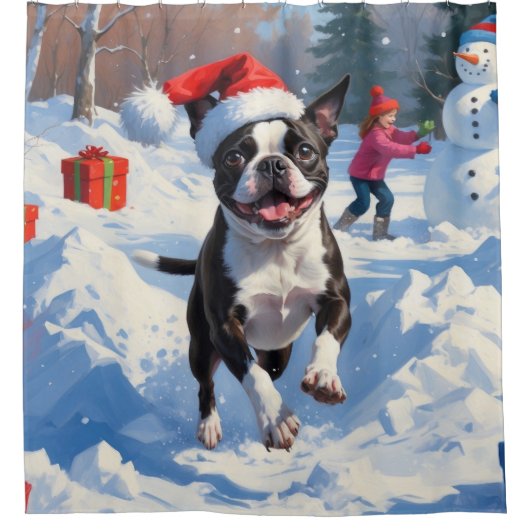 ボストンテリアクリスマスフェスティバルスノーシーン シャワーカーテン (正面)