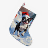ボストンテリアクリスマスフェスティバルスノーシーン スモールクリスマスストッキング (正面 (吊り時))