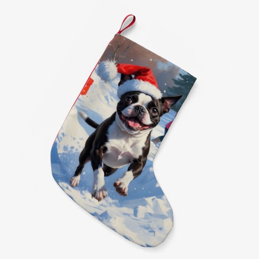 ボストンテリアクリスマスフェスティバルスノーシーン スモールクリスマスストッキング (正面 (吊り時))