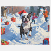 ボストンテリアクリスマスフェスティバルスノーシーン フリースブランケット (正面(横))