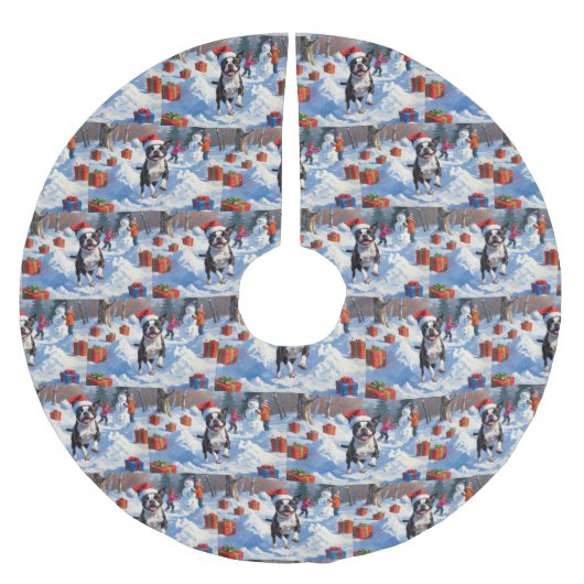 ボストンテリアクリスマスフェスティバルスノーシーン ブラッシュドポリエステルツリースカート (正面)