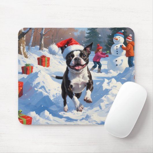 ボストンテリアクリスマスフェスティバルスノーシーン マウスパッド (マウス)